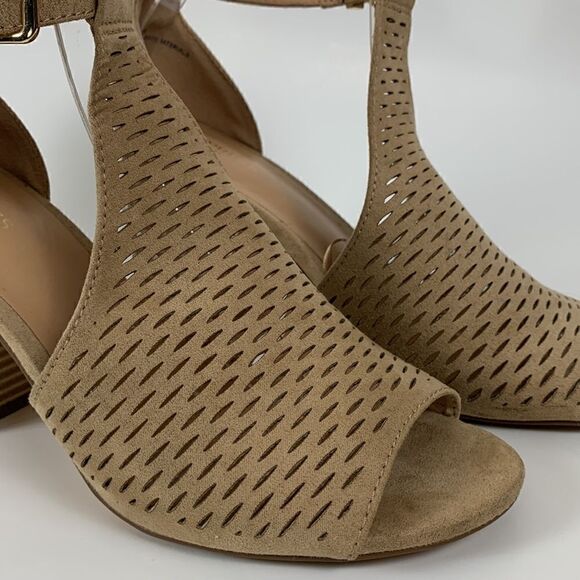 EXPRESS chunky block heel shoes tan size 8 peep toe - Picture 3 of 8